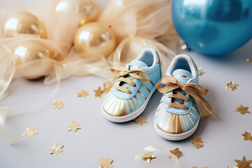 Baby shoes for new born boy or girl with decoration for baby shower invitation