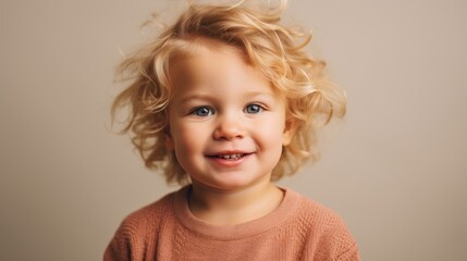 Smiling little boy in blond hair, dressed in neutral tones, gazing at the camera against a studio's beige setting. Generative A