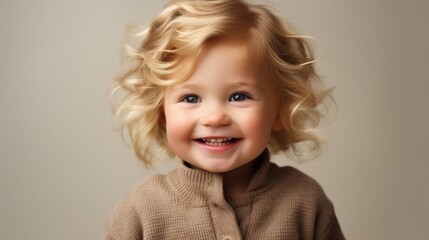 A beaming blond toddler boy, dressed in neutral tones, captured against a studio's soft beige setting, facing the camera. Generative AI