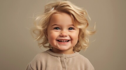Blond little boy toddler donning neutral attire, flashing a charming smile in front of a studio's light beige backdrop. Generative AI