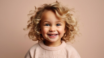 Portrait of a cute, smiling blond little boy toddler looking at the camera in neutral clothing, posing against a studio's light beige background. Generative AI