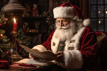 Santa Claus sitting at his chair and reading a letter with fireplace in the background