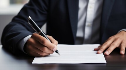 Close-up of Businessman Signing Contract At Desk In Office. Business concept.