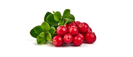 Wild cowberry, foxberry, lingonberry with leaves, isolated on white background. High resolution image