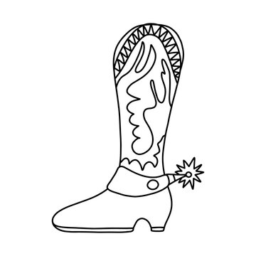 Hand drawn doodle with outline of retro cowboy boots with traditional pattern and star spur. Vector decorated cowgirl and cowboy boots in western style. Simple shoes of Wild West with ornament