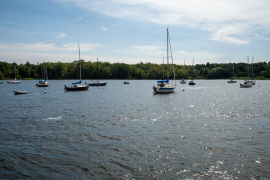 Sailboats at anchor near Chalotte, Vermont on Lake Champlain