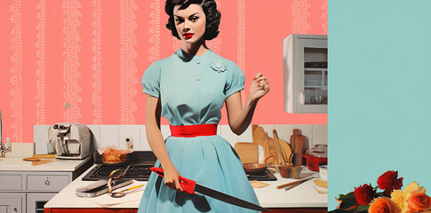 classic illustration of a 50s era, housewife with a knife  in a retro vintage kitchen, classic candy color palette , wallpaper pattern use - obrazy, fototapety, plakaty
