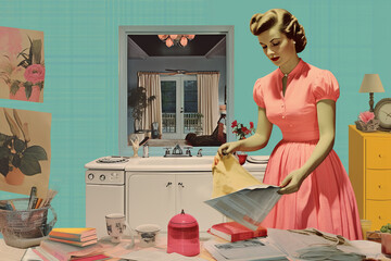 classic illustration of a 50s era, housewife in a retro vintage kitchen, classic candy color palette , wallpaper pattern use