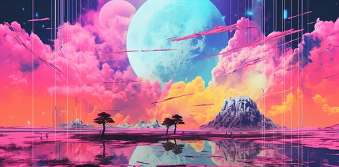 Raamstickers surreal landscape with planets , shapes and empty scene  with neon vaporwave 80s  palette, wallpaper abstract theme concept © aledesun