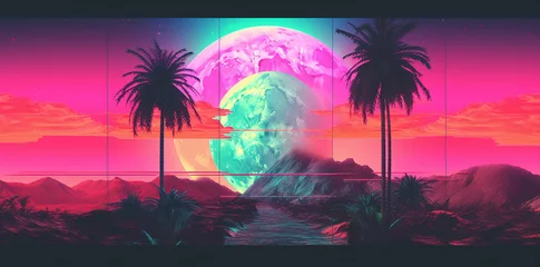 Fototapete Rosa surreal landscape with planets , shapes and empty scene  with neon vaporwave 80s  palette, wallpaper abstract theme concept