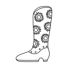 Hand drawn doodle with outline of retro cowgirl boots with sunflower pattern. Vector woman boots in cowboy western style. Simple shoes of Wild West with flower ornament for cowboy party design.