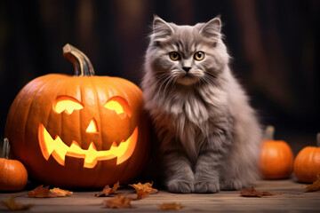 Cute grey cat is sitting near pumpkins, Halloween, thanksgiving concept
