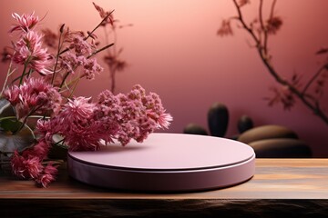 Photo of pink and purple flowers on a round podium pedestal table used for product photography advertising created with Generative AI technology