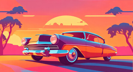 Old car on the road. Vector style. Ai