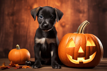 Funny black little dog sitting next to a pumpkin on wooden background, Halloween, thanksgiving concept