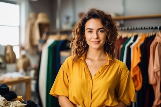 female fashion shop owner poses for photo