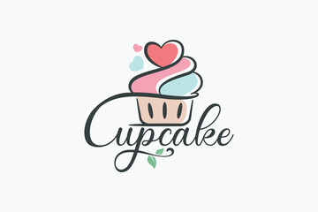 Cupcake logo with a combination of a cupcake, plants and beautiful lettering which is suitable for bakeries, cafes, restaurants.
