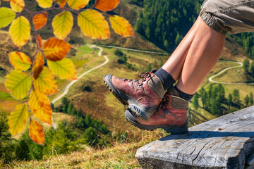 hiking boots on tour at autumn