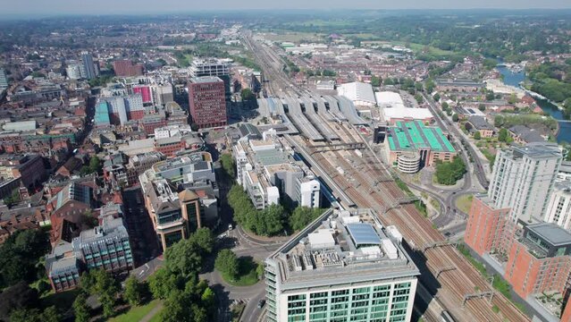 Amazing aerial view of the Railway and train station in Reading, Berkshire, England, UK, Daytime