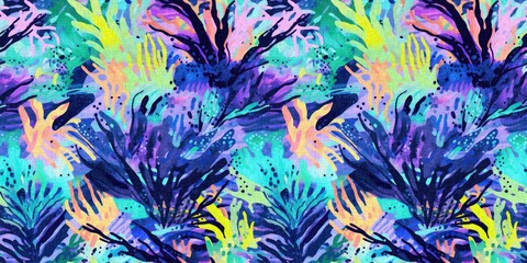 Tropical modern coastal pattern clash fabric coral reef border print for summer beach textile designs with a linen cotton effect. Seamless trendy underwater kelp and seaweed ribbon edge background