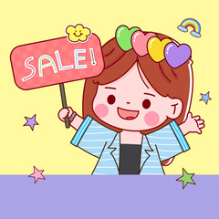 Woman holding a sales sign. discount offer concept. Sale Tag. special offer for womens goods commercial banners. Vector illustration