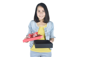 Happy Asian woman smile opening gift box isolated on transparent background. Teenage girls in love, Receiving gifts from lovers, birthday, anniversary. New Year, Christmas and Valentines Day concept.