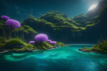 Fototapeta na wymiar Craft a surreal natural scene with floating islands and bioluminescent flora - AI Generative