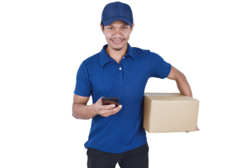 Delivery man holding box and smartphone on transparent background.