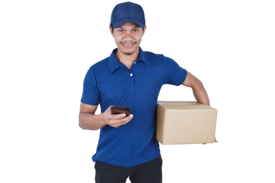 Delivery man holding box and smartphone on transparent background.
