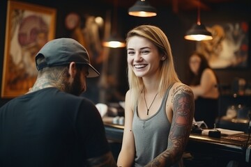 Fototapeta na wymiar woman in tattoo parlor getting new tattoo