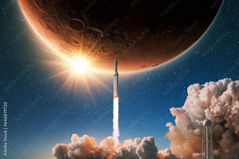 Aufkleber new modern rocket successfully takes off to the red planet mars with the sunlight. spaceship rocket 