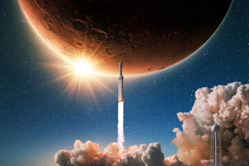 New modern rocket successfully takes off to the red planet Mars with the sunlight. Spaceship rocket...