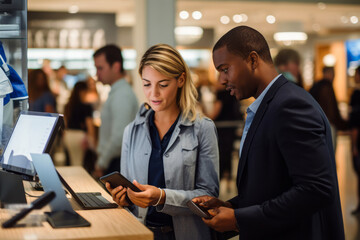 Black man and white woman on a business conference. Interaction between customers and innovative technology. Showcasing the integration of technology into retail, e-commerce, customer service