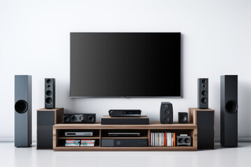 Front view on an organized entertainment center with streaming devices, smart TVs, and wireless routers, showcasing the simplicity and convenience of wireless technology - obrazy, fototapety, plakaty