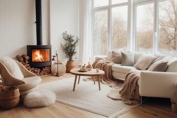 Interior of a bright and airy Scandinavian living room, minimalist design with a touch of warmth, natural textures, cozy corner with a fireplace and armchair - obrazy, fototapety, plakaty