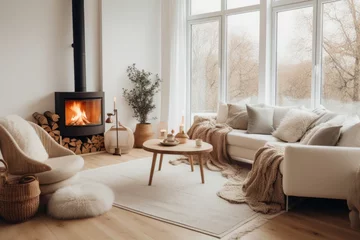 Acrylic prints Firewood texture Interior of a bright and airy Scandinavian living room, minimalist design with a touch of warmth, natural textures, cozy corner with a fireplace and armchair