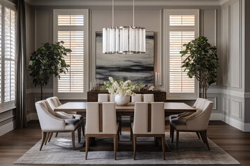Interior of a elegant and inviting transitional style dining room featuring a blend of contemporary and classic elements, refined lighting fixtures, paintings and house plants - 646879734