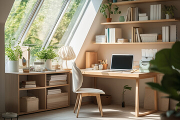 Interior of a home office in Scandinavian style, functional and stylish workspace, natural wooden materials, organized, abundance of natural light