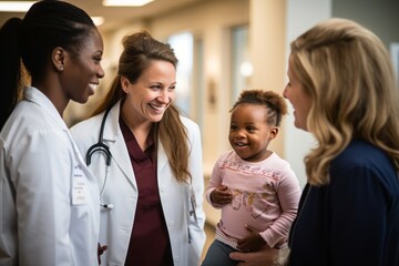 Obraz premium A group of healthcare professionals providing guidance and support to a parent with child, highlighting the valuable resources and expertise available to parents navigating healthcare challenges