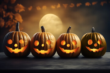Halloween pumpkins in a row on a wooden table against a full moon and gloomy lighting dark clouds and autumn foliage (background, copy space)