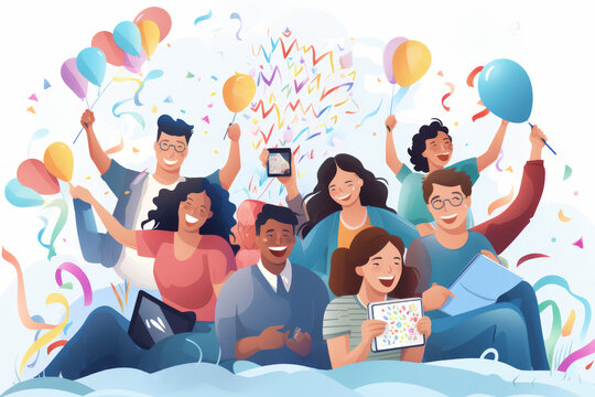 Celebrating the freedom of cord cutting: illustration of a diverse group of individuals happily streaming their favorite shows and movies on various devices (cord cutting concept)