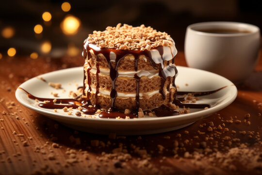 Close-up view on a coffee cup and biscuit cake with crumbs on the saucer on a wooden table. A drizzle of chocolate syrup on the biscuit cake. Shallow depth of field, selective focus