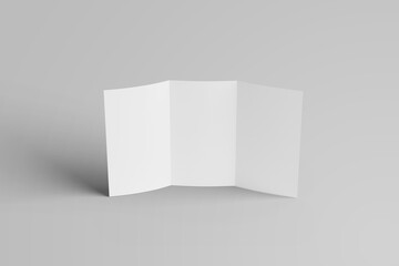 A trifold mockup standing upright with a straight forward viewing angle on a white background