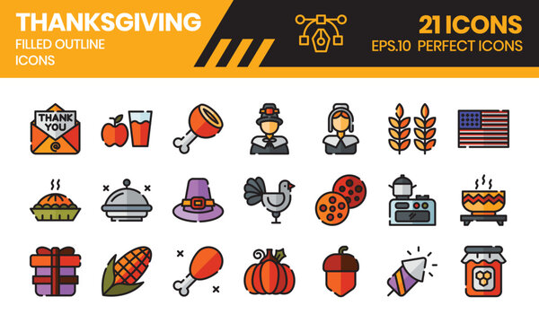 Thanksgiving (filled outline) icons set. The element collection includes be used in social media posts, web design, app design, and more.