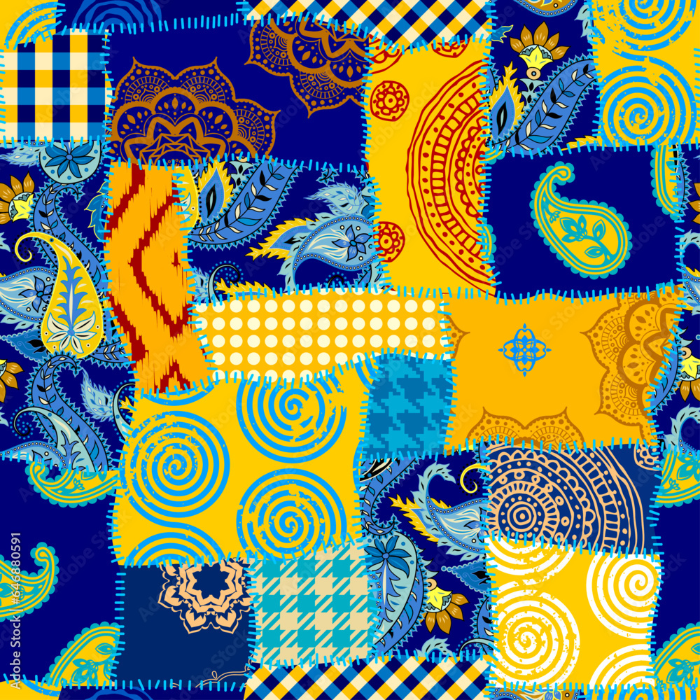 Poster textile patchwork pattern with blue and yellow colors. vector image