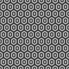 Repeated grey polygons on black background. Honeycomb wallpaper. Seamless surface pattern design with regular hexagons. Parquet motif. Digital paper, page fills, web designing, textile print. Vector.