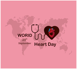 'World heart day' illustration concept. Stethoscope with Heart Shape, Heart wave Sign, Abstract world map Background. Vector illustration on the theme of observed each year on September 29th worldwide
