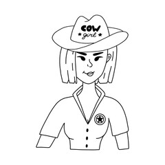 Hand drawn stylish young cowgirl wearing hat with lettering, sheriff badge. Cute doodle portrait of cow girl of Wild west theme. Vector western female character for print, poster, cowboy party