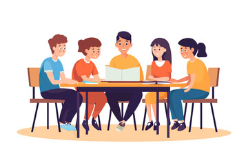 Children behavior problems concept. Group studying, children with teacher at school at the table, education, teacher, teamproject, simple vector illustration.