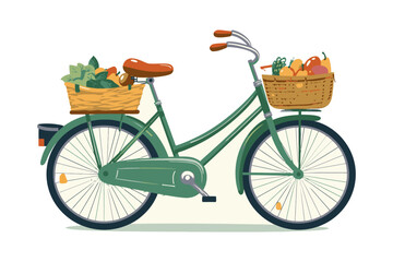 Fototapeta na wymiar Autumn bicycle, vegetables in basket, yellow pumpkin, maple leaves, white background. Vector illustration. October harvest background. Fall season